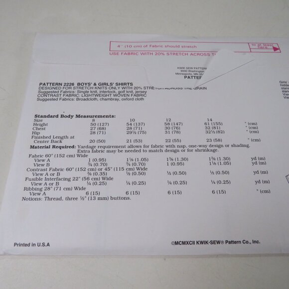 Kwik Sew 2226 Clothing Pattern Child's Shirt Long & Short Sleeve 8-14 - Picture 4 of 4